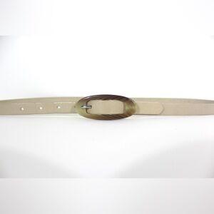 Ecru Narrow Leather Belt with a Faux Horn Buckle Cream Off White Winter White